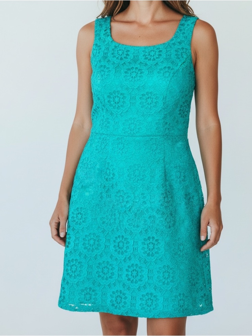 Cato Womens Size 6 Teal Lace Sheath Dress Sleeveless Floral Overlay Knee Length